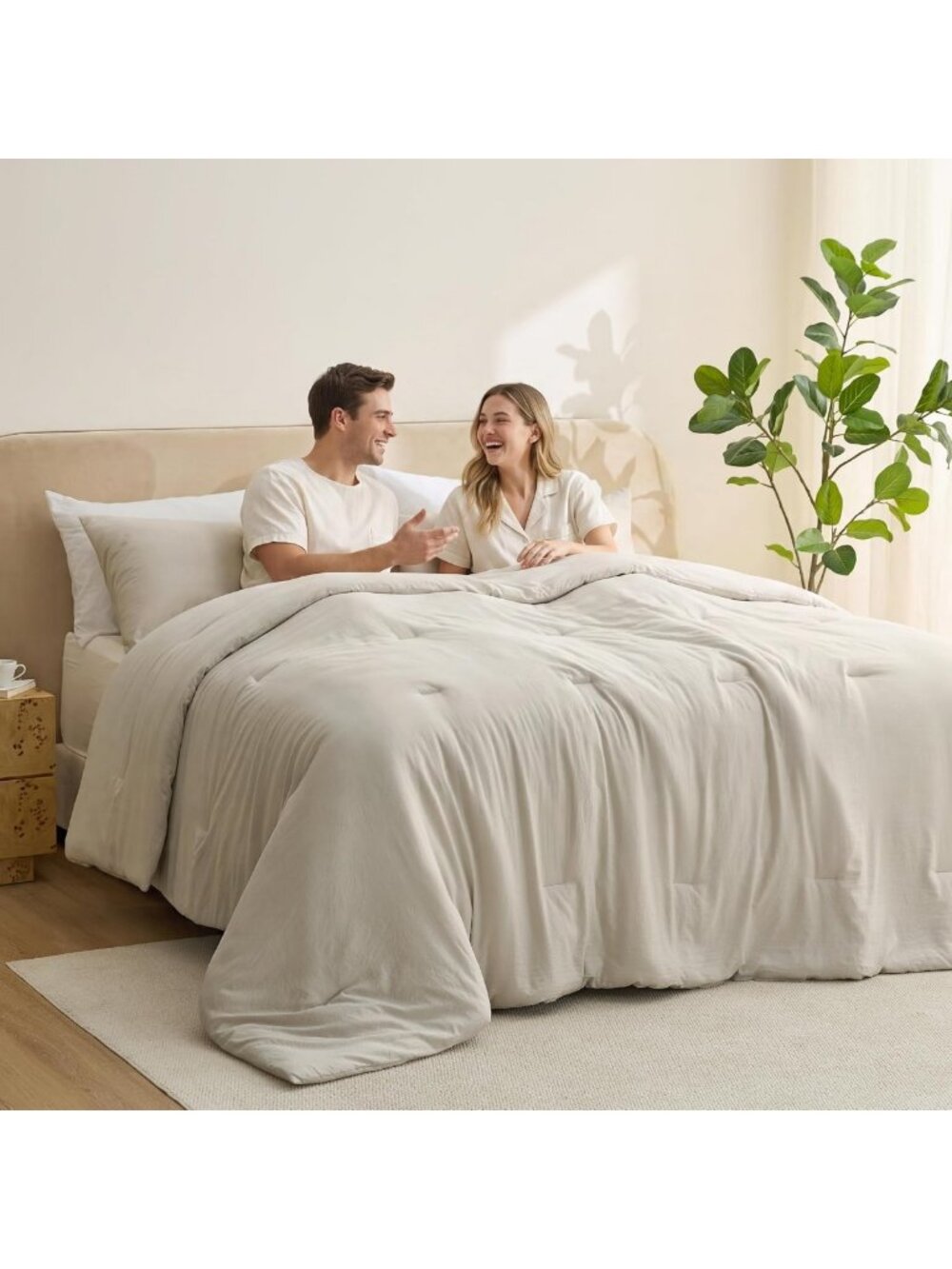Cozy California King Comforter Set, Prewashed 3-Piece Bedding, Soft Beige